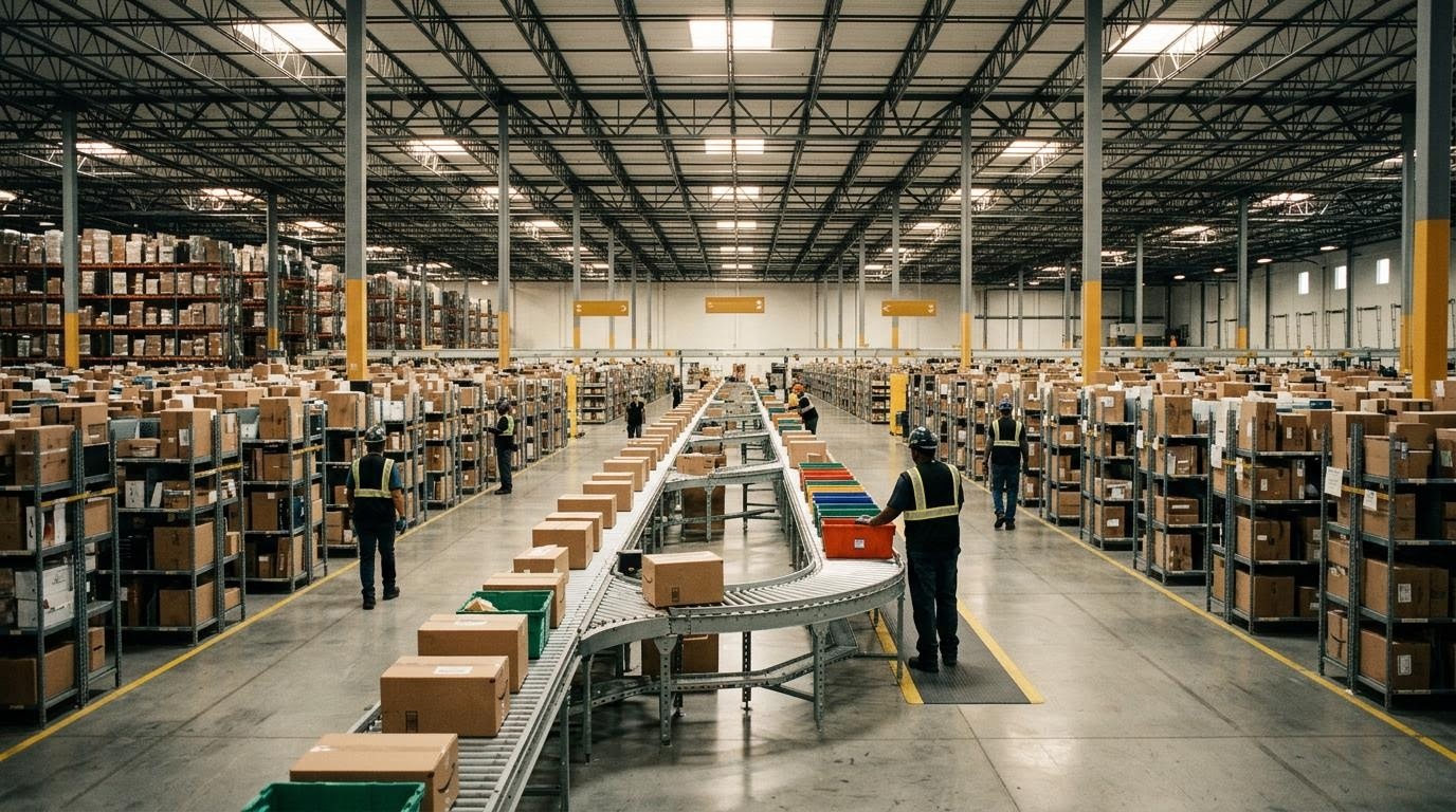 米国アマゾンの物流拠点で整列した配送用コンテナ