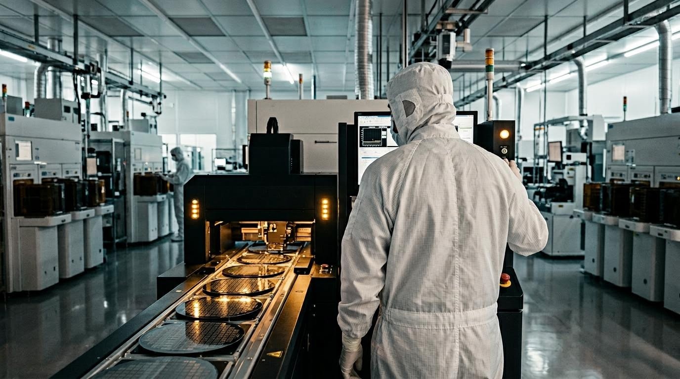 防塵服の技術者が見つめる半導体ウェハー製造ラインの内部