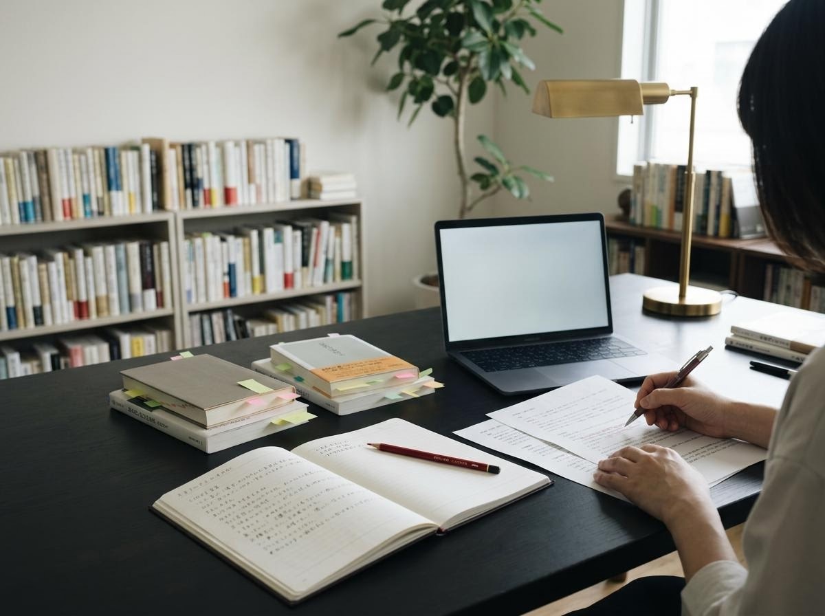 静かな朝の編集部でノートと書籍を広げる編集員たち