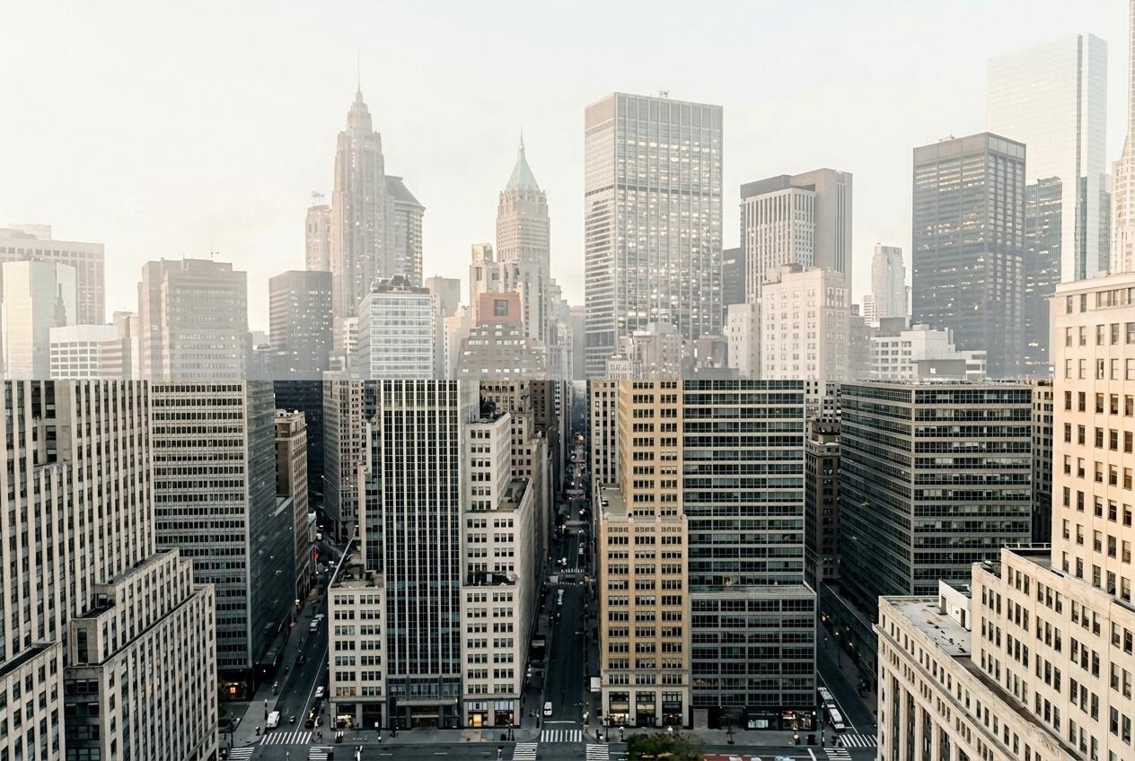 朝のマンハッタン金融街を見下ろす編集的な俯瞰写真