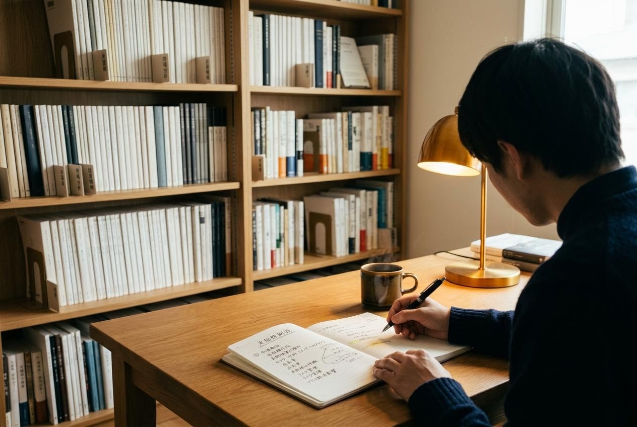 編集部の書架で米国株解説ノートを読む読者のシルエット