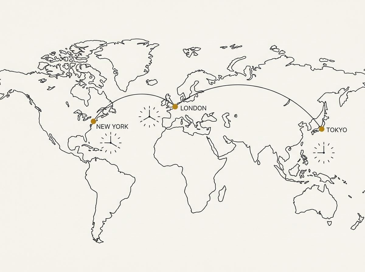 世界主要市場の営業時間帯を編集的に示した地図