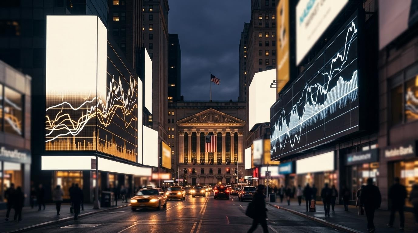 ニューヨーク証券取引所とナスダックの電光掲示板が並ぶ街角