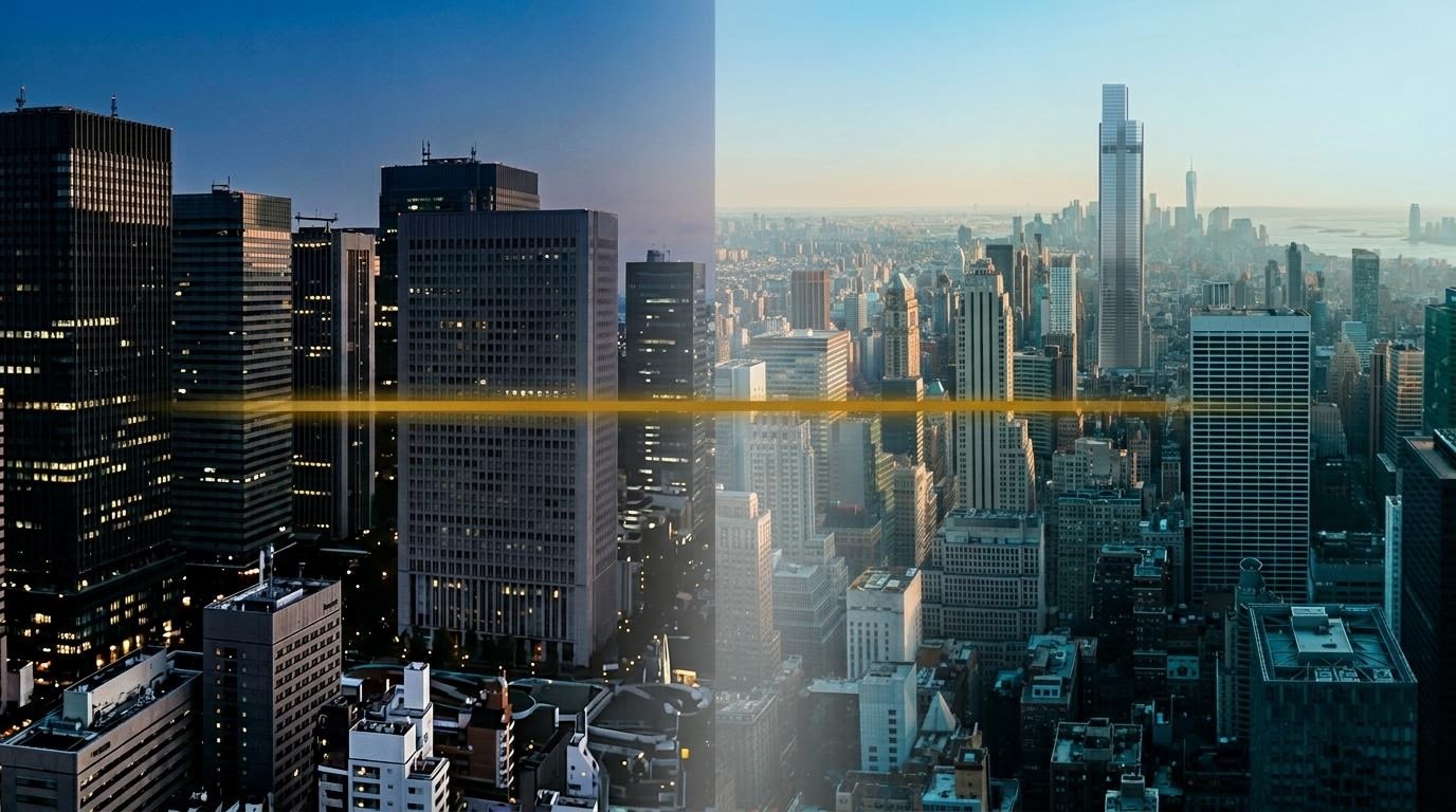 東京とニューヨークの街並みを挟んで並ぶ通貨と金利の象徴的な編集図